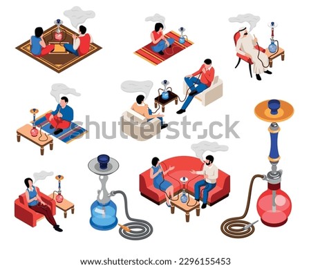 Lounge bar isometric set of people relaxing and smoking hookah in club or cafe isolated vector illustration