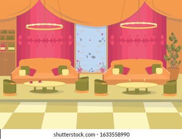 Lounge Bar Luxury Decor. Comfortable, Like Living Room at Home with Soft Couches, Pillows and Low Round Tables, Grouped for Conversation. Huge Relaxing Floor to Ceiling Fish Tank. Green Planters.