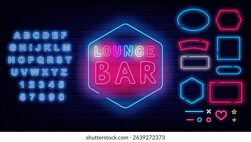 Lounge bar neon flyer. Colorful text. Drink party. Pub and cafe. Light advertising. Vector stock illustration