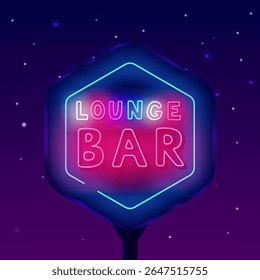 Lounge bar neon street billboard. Outdoor advertising. Colorful text. Drink party. Vector stock illustration