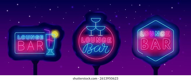 Lounge bar neon street billboards collection. cocktail drink glasses. Pub and cafe. Vector stock illustration