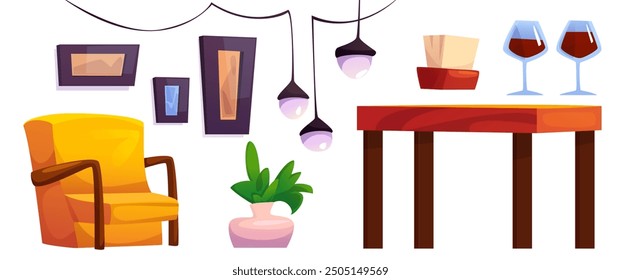 Lounge cafe furniture set isolated on white background. Vector cartoon illustration of cozy yellow armchair, wooden table, two glasses of red wine, wall pictures, modern loft light, green flower pot