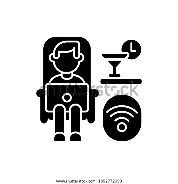 Lounge car black glyph icon. Public\
transport with wifi. Comfortable railway service, relaxing trip\
silhouette symbol on white space. Train passenger using free wi fi\
vector isolated\
illustration
