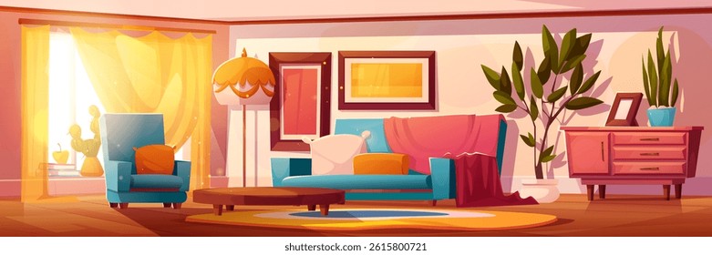 lounge cartoon living room interior with furniture, decor and potted house plants. Cozy armchair and sofa near wooden coffee table, green flowers and lamp, carpet on floor and curtain on window.