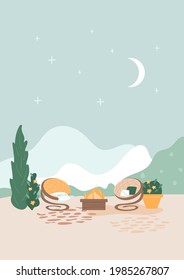 Lounge chair with fireplace on street. Patio zone in garden, fire pit, courtyard with flowers in pot, cypress tree. Abstract mountains, moon and stars in sky. Night summer landscape relaxation concept
