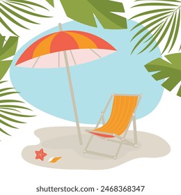 Icono de la tumbona con sombrilla de playa. Tumbona y sombrilla. Icono de Vector de viaje de verano aislado. Elemento de diseño plano. Símbolo de relajación de vacaciones.