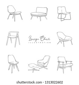 Lounge Chair Set, Outline Illustration, Isolated Vector