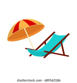 Lounge chair and striped beach umbrella, cartoon vector illustration isolated on white background. summer vacation