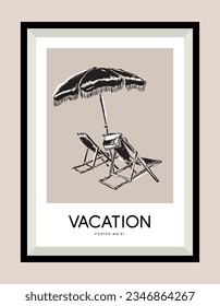 Lounge chair and umbrella illustration. Art for postcards, wall art, banner, background, branding