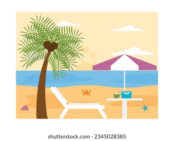 Lounge chair with umbrella and table, view of the beach and clouds in the sky, summertime vector illustration.