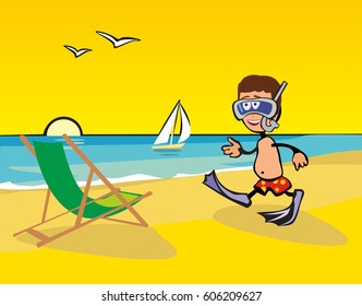 Lounge chairs on the beach. Man wearing a diving mask and a snorkel. Yacht floating on the sea. Vector flat illustration