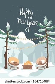 Lounge chairs outdoors in winter forest. Night scene with hills and abstract trees. Cozy courtyard with fireplace. Garland with light bulbs street decor on pine. Happy New Year text.