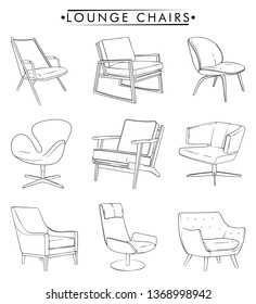Lounge Chairs Set, Simple Outline Illustration, Isolated Vector