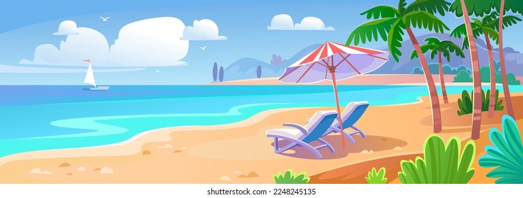 Lounge chairs with umbrellas on a sandy beach. Landscape view of the ocean, island with mountains, waves, sailing boat on the horizon.Destination for holiday vacation.Cartoon style vector illustration