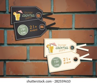 Lounge cocktail party stickers and labels invitation template with Screw driver cocktail. Vintage design for bar or restaurant. Isolated on brick wall background. Vector illustration