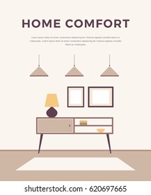 Lounge concept interior with classic, modern furniture: lamps, nightstands, pictures. Flat design, minimalist style. Home interior design.