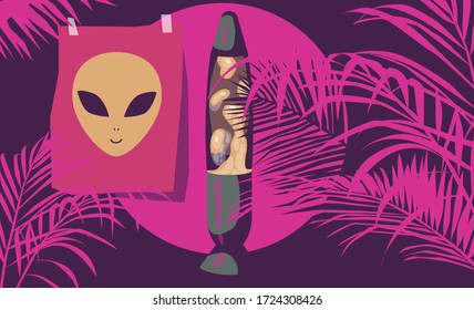 Lounge corner with lava lamp and ferns, chill out ambient atmosphere. Hippie or hipster room for relaxation and meditation.