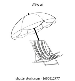 Sillón de salón y paraguas, ilustración vectorial, dibujada a mano, en blanco y negro, ilustraciones de verano