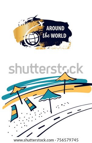 Lounge deck chair with umbrella on beach seaside.Template logotype, banner, poster for travel agency, company, business. Concept travel logo company.Summer vacation.Vector sketch illustration.