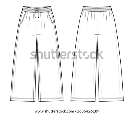 Lounge Drawstring Pants Technical Fashion Illustration. Wide-Leg Relaxed-Fit Pants Vector Template. Front and Back View. Women’s Loungewear. CAD Mockup set. 