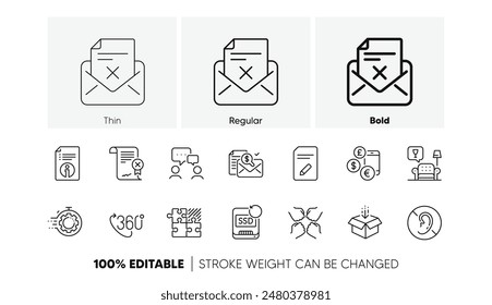 Lounge, Edit document and Squad line icons. Pack of 360 degree, Recovery ssd, People chatting icon. Get box, Currency rate, Accounting report pictogram. Reject certificate, Reject letter. Vector