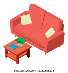 Lounge Furniture Icon Isometric Vector. New Upholstered Sofa And Coffee Table. Living Room Furniture, Modern Interior