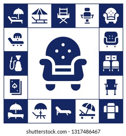 lounge icon set. 17 filled lounge icons.  Collection Of - Sunbed, Hookah, Armchair, Deck, Waiting room, Chair, Deck chair, Sofa