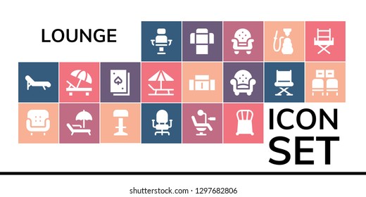  lounge icon set. 19 filled lounge icons. Simple modern icons about  - Armchair, Deck chair, Sunbed, Stool, Chair, Deck, Sofa, Waiting room, Hookah