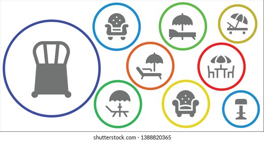 lounge icon set. 9 filled lounge icons.  Collection Of - Chair, Armchair, Sunbed, Deck, Chairs, Stool