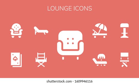lounge icon set. 9 filled lounge icons.  Simple modern icons such as: Armchair, Chair, Deck chair, Deck, Stool, Sunbed