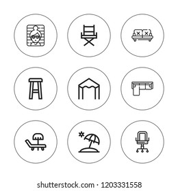 Lounge icon set. collection of 9 outline lounge icons with chair, stool, sunshade, sofa, sun umbrella, sunbathing icons. editable icons.
