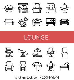 lounge icon set. Collection of Sofa, Armchair, Sunbathing, Furniture, Chair, Deck chair, Sun umbrella, Divan icons