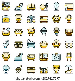Lounge icons set. Outline set of lounge vector icons thin line color flat on white