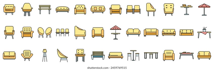 Lounge icons set outline vector. Business sofa. Office zone thin line color flat on white