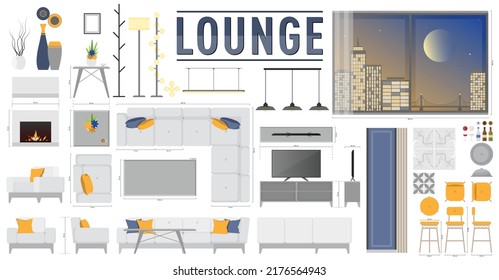 Lounge and Living Room Furniture Set from Plan, Top View, Elevation, Side View for Interior Design Drawing Projects