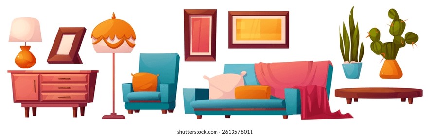 Lounge living room furniture set isolated on white background. Vector cartoon illustration of couch and armchair, boho floor lamp, wooden table, picture frames on wall, cozy home interior elements