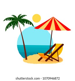 Lounge on the beach under a palm tree. Beach chair with sea on tropical background.