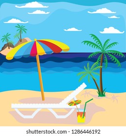 lounge on the beach under a palm tree.Beach chair with sea on tropical background.Flat style vector illustration.