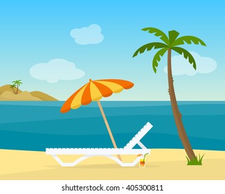  Lounge on the beach under a palm tree. Beach chair with sea on tropical background. Flat style vector illustration.