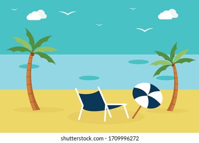 Lounge on Seashore. Parasol under the palm tree. Beach chair with sea. Time to travel. Tropical summer holidays