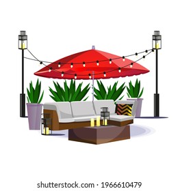 Lounge patio or garden with plants and furniture. Modern eco-style interior decorated with greenery, cozy sofa and garden lamps. Colored flat textured vector illustration.