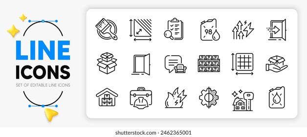 Lounge place, Canister and Entrance line icons set for app include Construction toolbox, Inspect, Energy inflation outline thin icon. Fire energy, Hold box, Wholesale goods pictogram icon. Vector