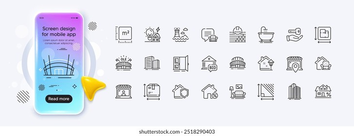 Lounge place, Mortgage and Market seller line icons for web app. Phone mockup gradient screen. Pack of Open door, Building energy, Triangle area pictogram icons. Vector