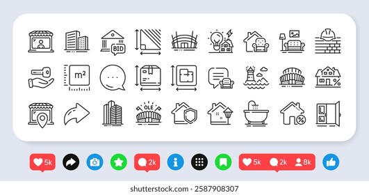Lounge place, Mortgage and Market seller line icons pack. Social media: share, comment, like icons. Open door, Building energy, Triangle area web icon. Vector