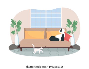 Lounge room 2D vector web banner, poster. Grey sofa with child's toy. Pet cat on floor. Living space flat scene on cartoon background. Family home interior printable patch, colorful web element
