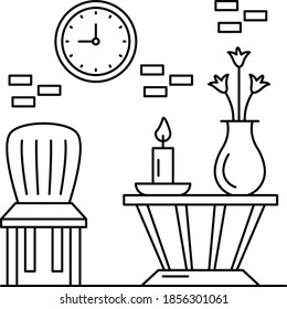 lounge room with comfortable stylish chair and candle decorated with wall clock concept, Home interior Vector Icon Design,