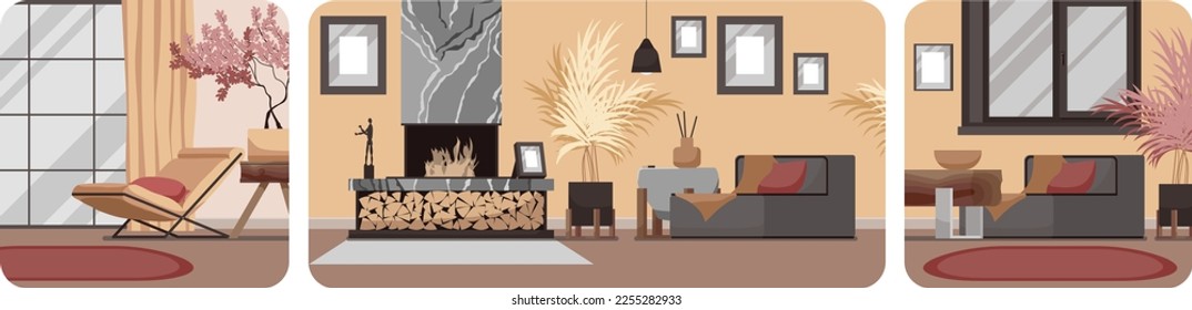 Lounge room interior banner. Modern country house style with furniture: armchair near fireplace decorated by stack of firewood. Wallpaper design concept of comfortable hotel room. Vector illustration