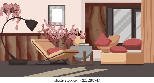 Lounge room interior banner. Modern cozy apartment style with furniture, red pillows on sofa, armchair and carpet with bookshelf. Pink grey color design in comfortable hotel room. Vector illustration