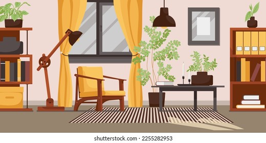 Lounge room interior banner. Modern cozy apartment style with furniture, sofa, armchair and floor plant, lamp near bookshelf. Yellow color design in comfortable hotel room. Flat Vector illustration