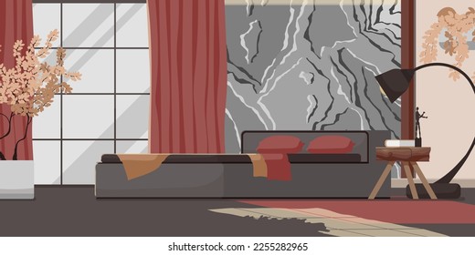 Lounge room interior banner. Modern cozy apartment style with furniture, red pillows on sofa, armchair and carpet with bookshelf. Pink grey color design in comfortable hotel room. Vector illustration